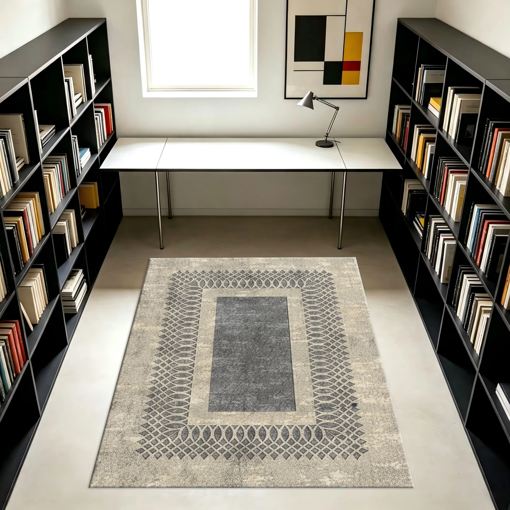 Modern Vintage Geometric Border Carpet Flooring for Home Living Room Decor