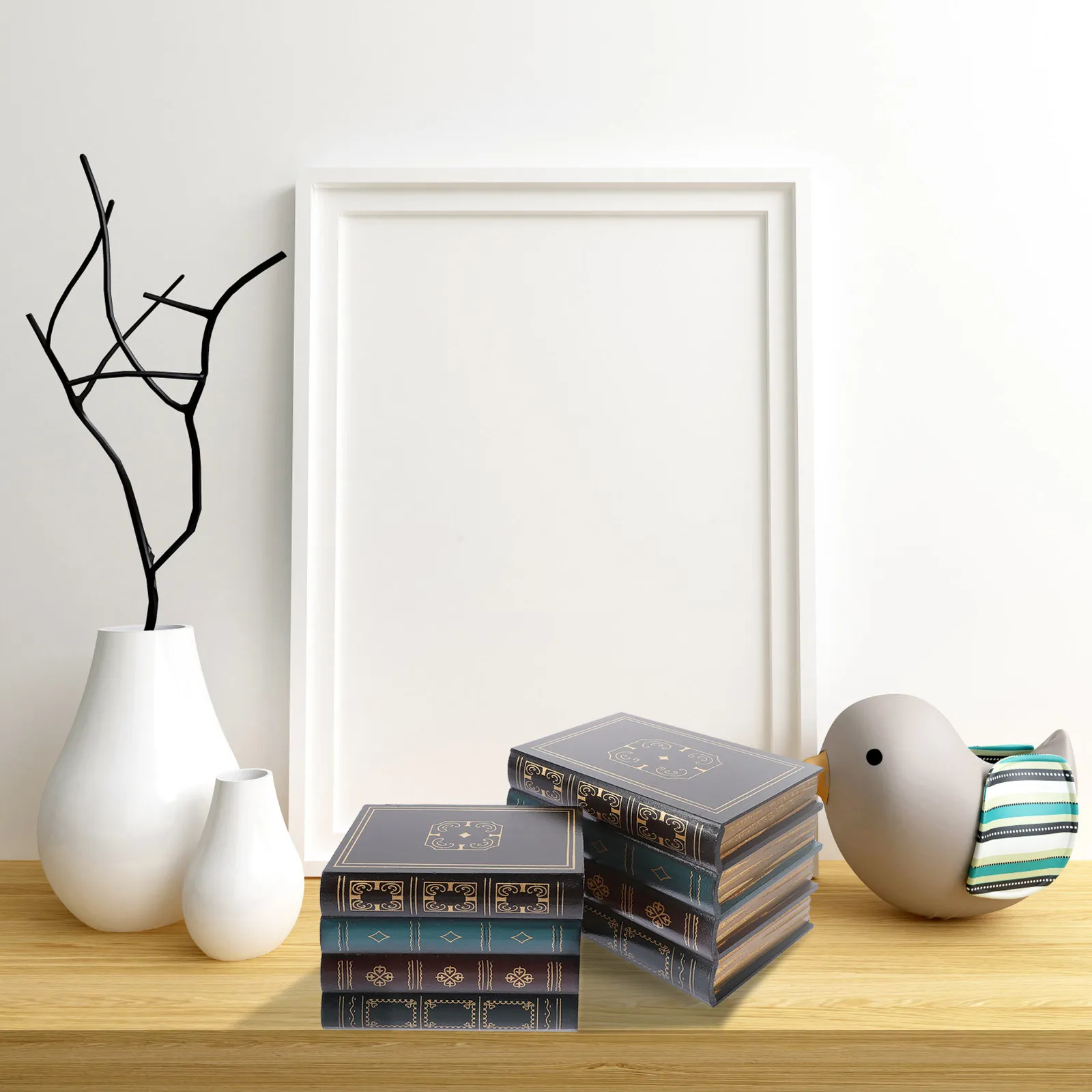 2Pcs High-Grade Wooden Simulation Book Ornament Exquisite Home Office Decor Fake Book Display Prop for Shelf Desk Coffee Shop