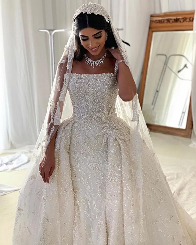 Personalizado cinta de espaguete brilhante completo lantejoulas contas vestido de casamento para noiva vestidos de novia trem destacável vestido de noiva