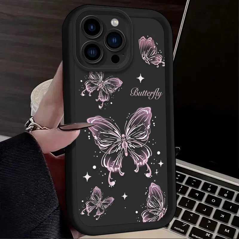 Rosa Schmetterling Ästhetische Silikon Handyhülle für IPhone 17 Air 16 16E 15 14 13 12 11 Pro Max X XS XS Max XR SE 2020 SE4 7 8