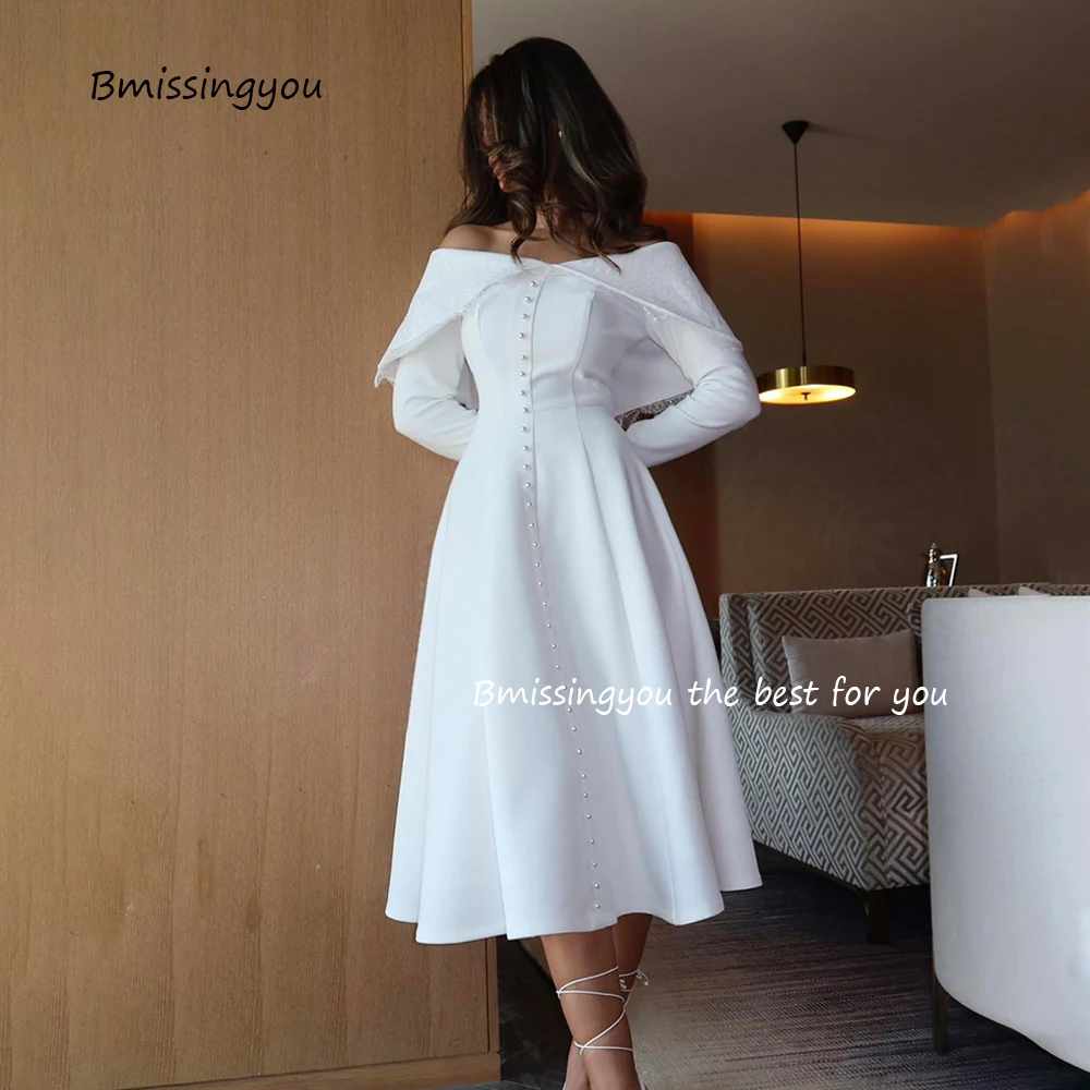 White Lace Prom Dresses for Women Dubai Arabic Formal Evening Dress Long Sleeve Tea Length Evening Party Attire Customized