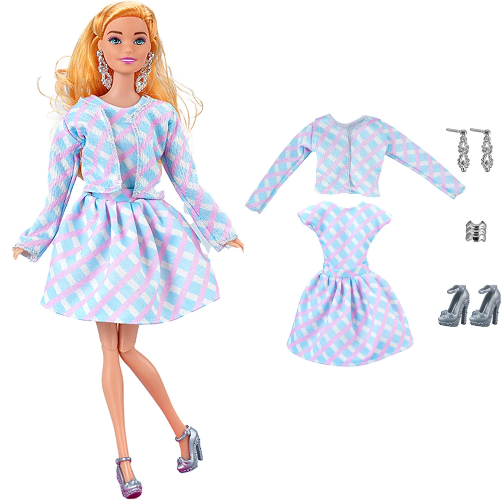 

NK 1 Set 30CM Doll Clothespicnic set:plaid jacket+dress+noble earrings+bracelet+high heels For 1/6 BJD Doll Accessories Gift Toy