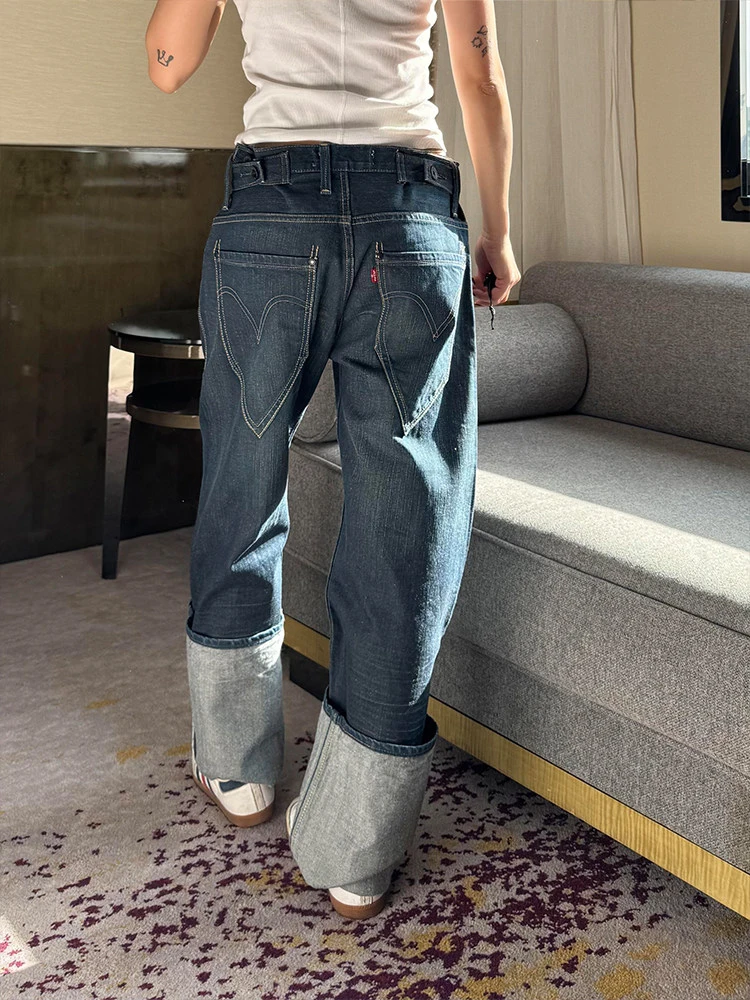 

American High Street Design Double Ba Bule Denim Women's Sexy Retro Side Flip Straight Leg Floor-Length Pants