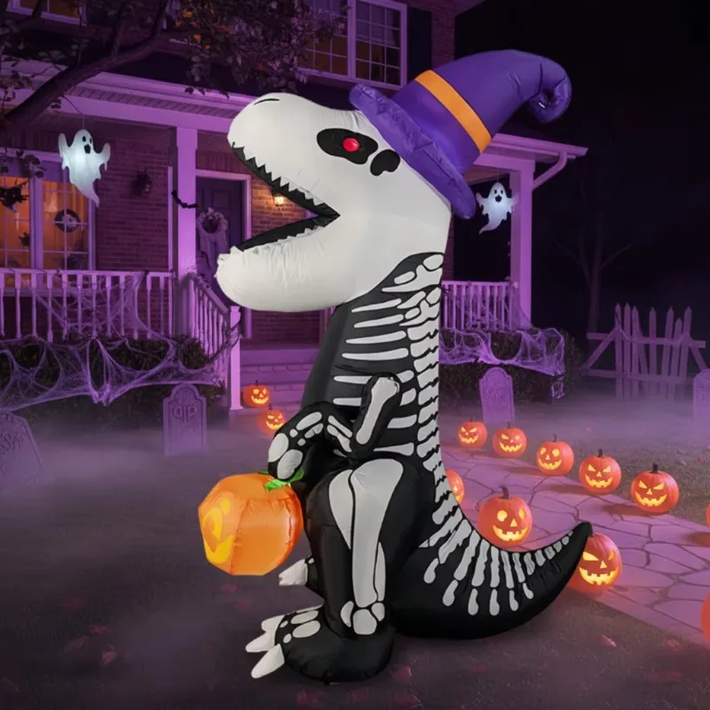 2.4M Halloween Inflatable Skull Dinosaur with Magic Hat Carrying Glowing Pumpkin Air Model Outdoor Garden Decoration