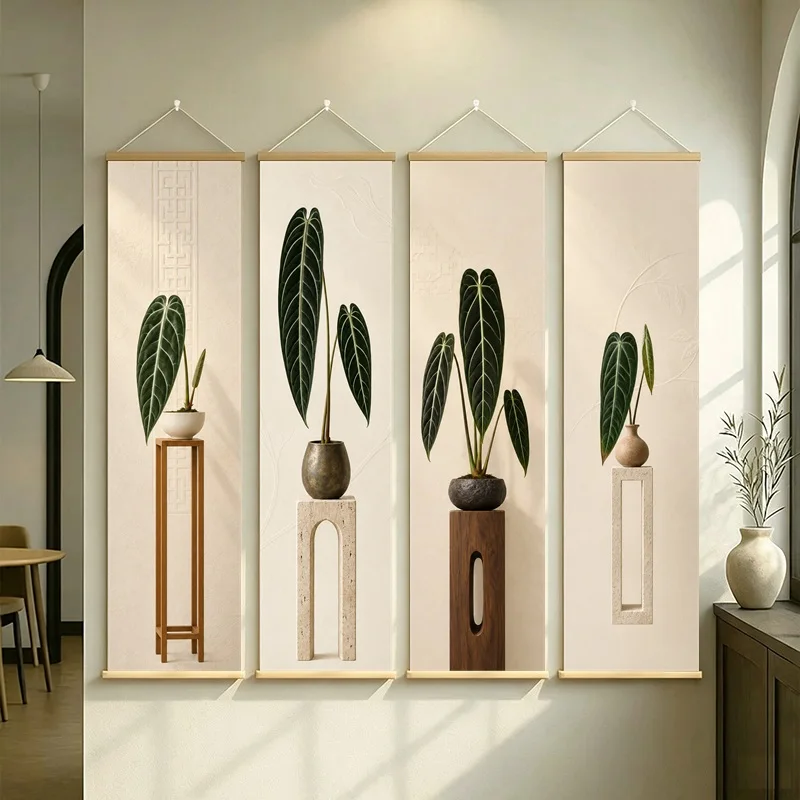 Botanical Wall Art 4-Panel Striped Tropical Leaf Vase Scroll Set on Beige Silver Shimmer Canvas for Modern Living Room Decor