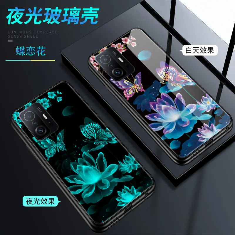 Luminous Tempered Glass Case For Xiaomi 11T Case Glow in Dark Back Cover For Xiaomi Mi 11T Pro Cover Silicone Phone Cell