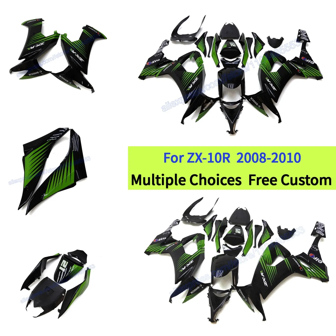 

ZX10R 2008 2009 2010 sportbike body kit for Kawasaki Ninja 10R Fairinng set Green Stripe