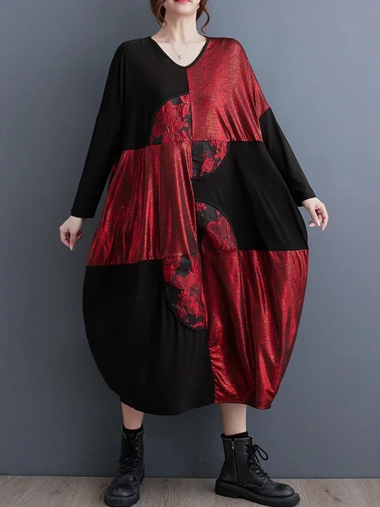 Xitao casual vestido vintage moda assimétrico contraste cor impressão feminina manga longa camiseta vestido 2025 outono novo dmj3102