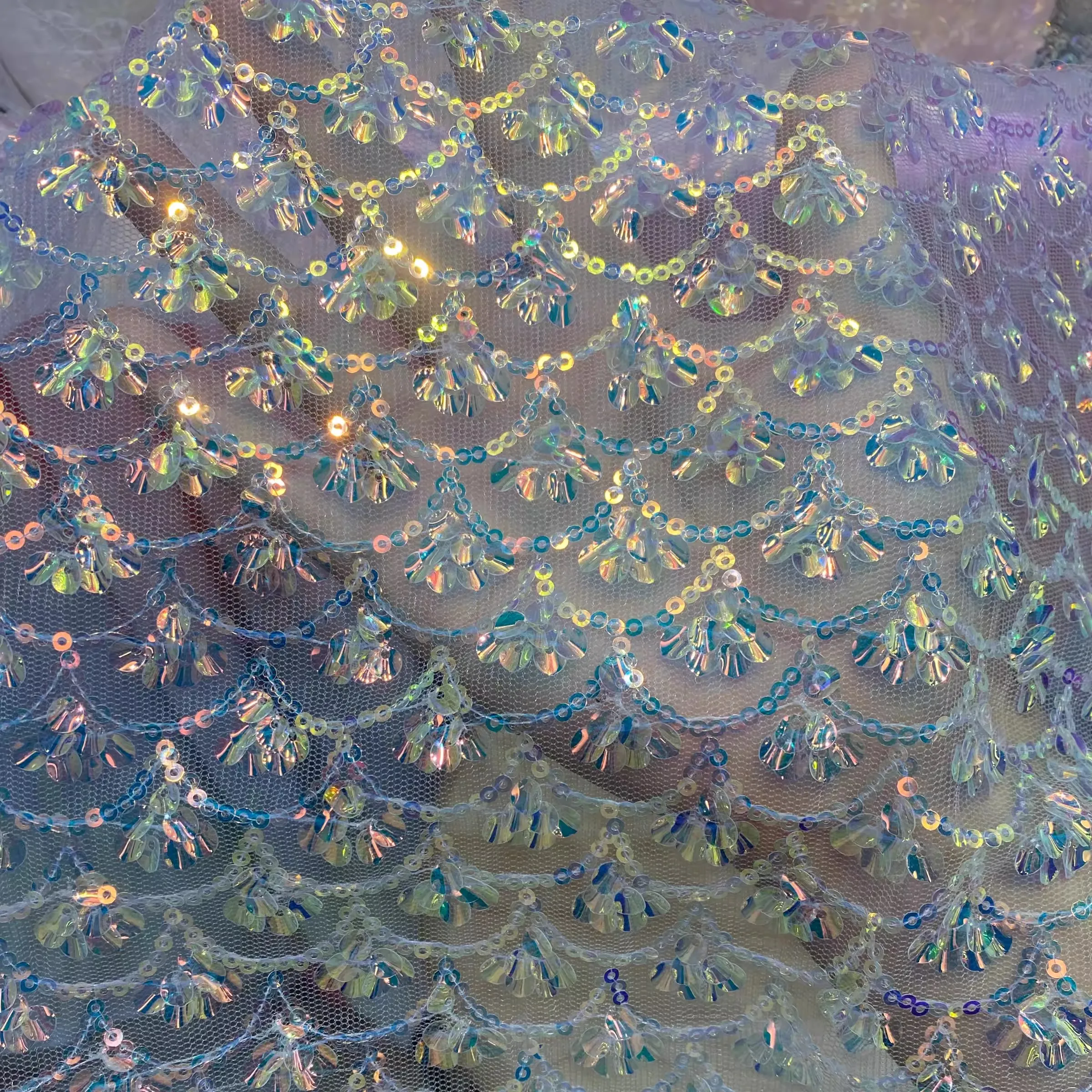 Seashell glitter embroidered net yarn children\'s wear DIY handmade fabric wedding dress fabric designer garment accessories lace