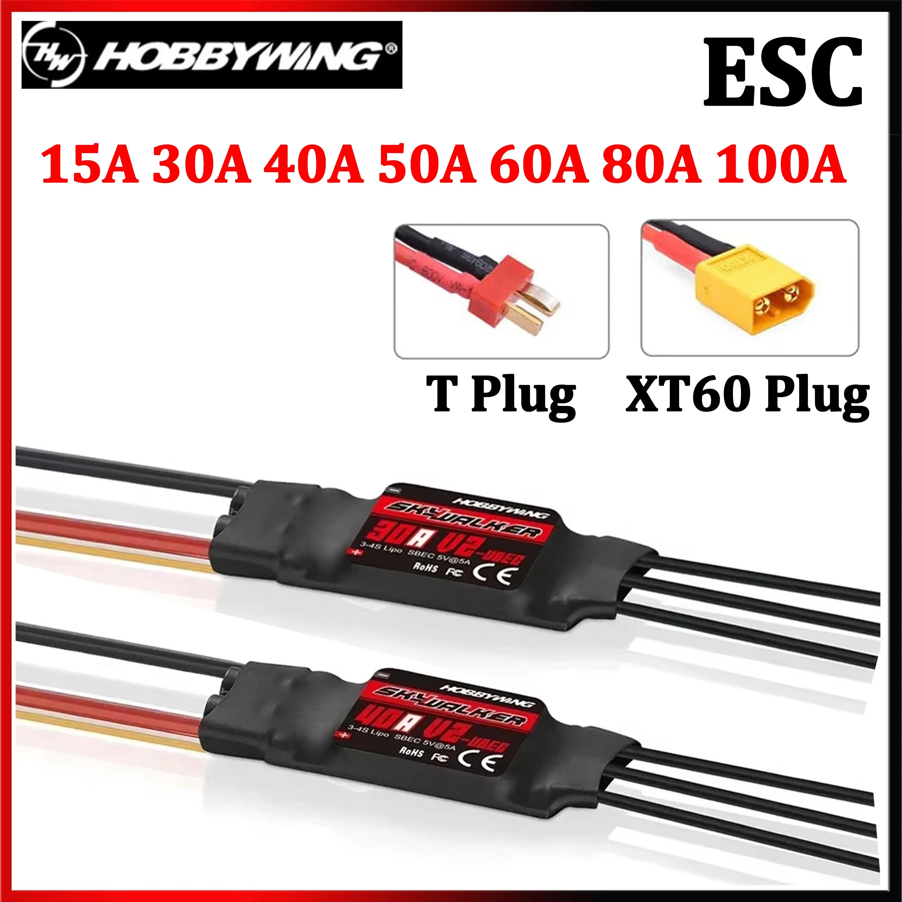 Hobbywing Skywalker V2 15A 30A 40A 50A 60A 80A 100A T/XT60 Brushless ESC Speed Controler for RC FPV Racing Drone Quadcopter Part