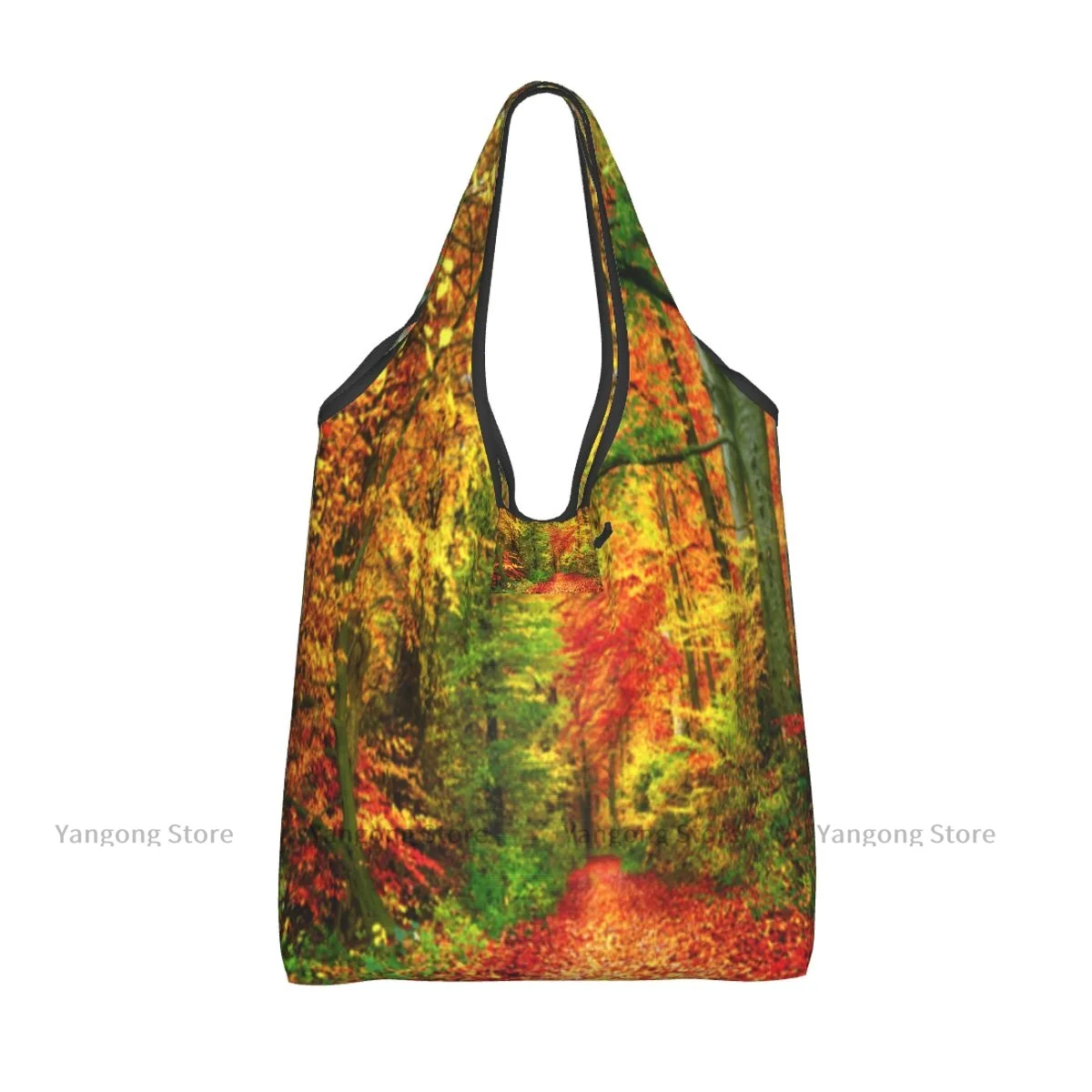 Foldable Shopping Bag Colorful Autumn Forest Scenery Tote Folding Pouch Handbag Convenient Travel Grocery Bag