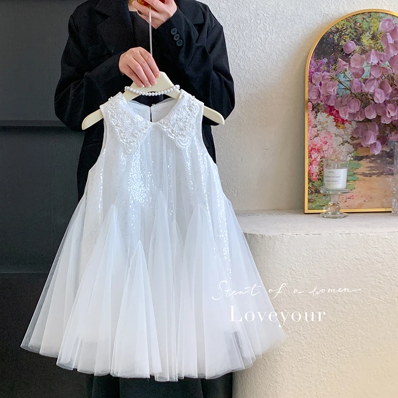 Fashion Flower Girls' Pearl Sequins Tulle Sleeveless Dress Wedding Party Outfit Luxury Beaded Princess Formal Evening Ball Gown