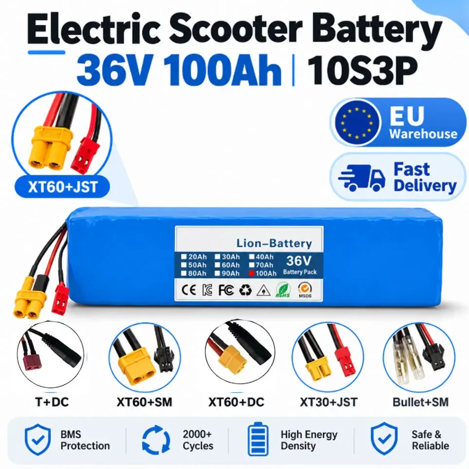 Pacco batteria agli ioni di litio 36V 100Ah 10S3P con BMS, per scooter da 500W, modifiche e aggiornamenti di potenza per biciclette, ricaricabile