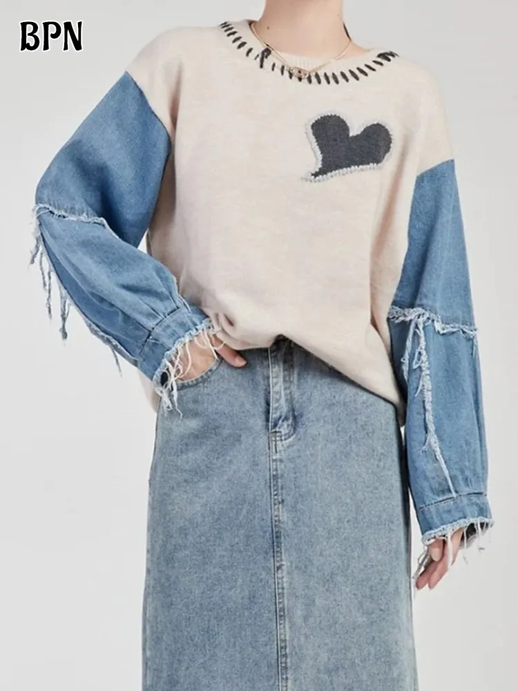 

BPN Hit Color Fashion Spliced Denim Sweater For Women Round Neck Long Sleeve Pullover Minimalist Loose Female Style Clothing New