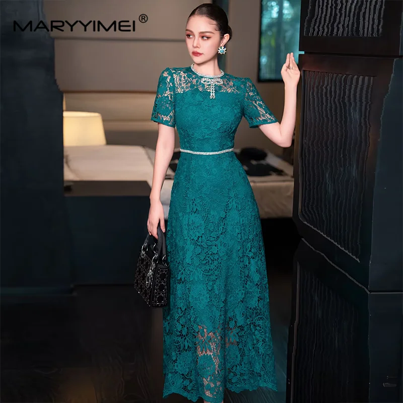 MARYYIMEI Fashion Design Women\'s Dress Summer Short-Sleeved High Waiste Diamond Chic Lace Hollow Out Vintage Solid Color Dresses