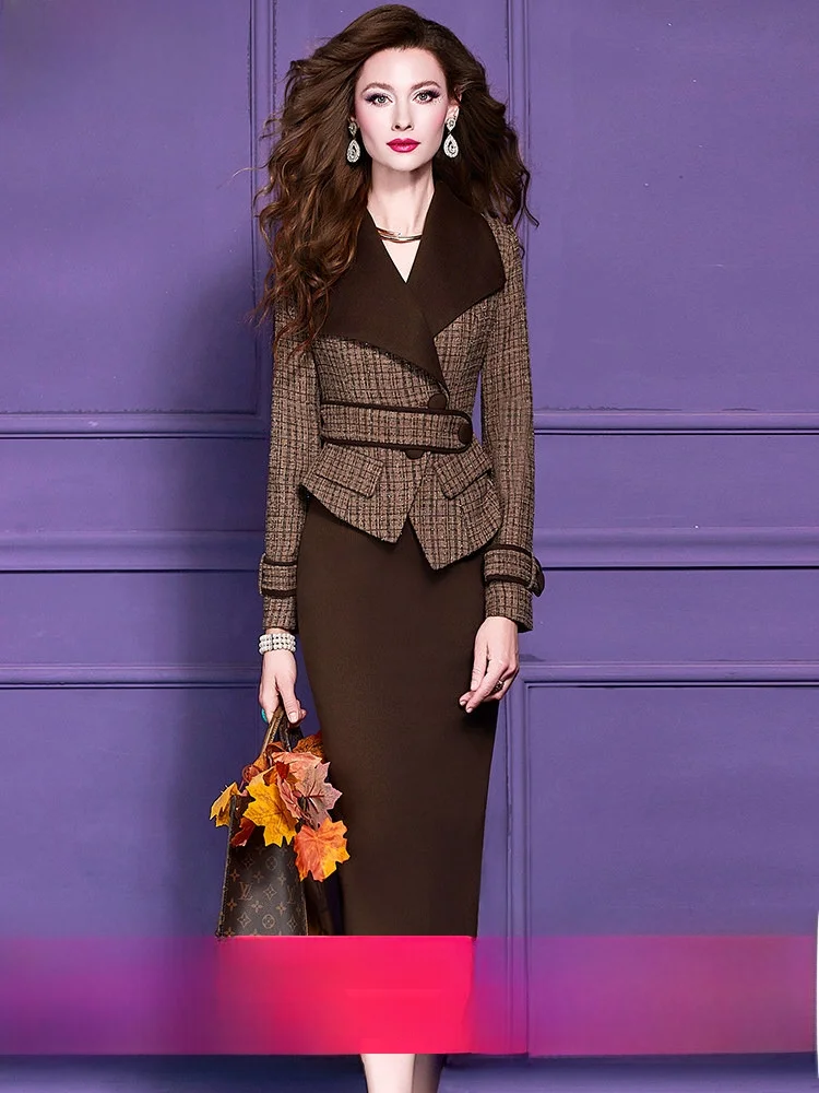 

Fashionable Retro Women's Suit Set Waist-Cinching Plaid Short Coat Professional Midi Skirt Spring Season Casual Wear