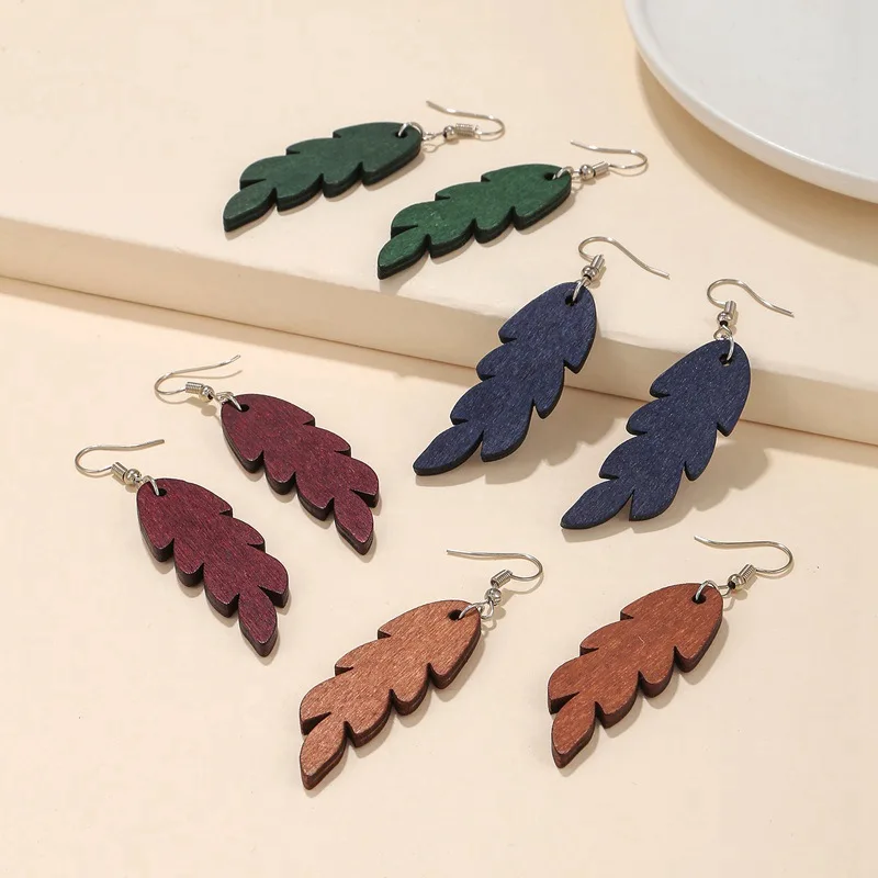 4 Pairs Set Vintage Ethnic Wood  Decoration Pendants Drop Earrings for Women Party Jewelry Gifts