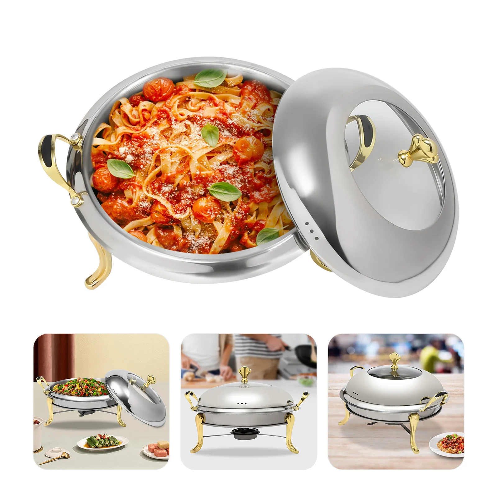 2.5L/2.64QT Round Chafing Dish Buffet Set Stainless Steel Servers Warmers with Lid & Fuel Holders Warming Tray for Hotels Buffets Restaurants Family Gatherings