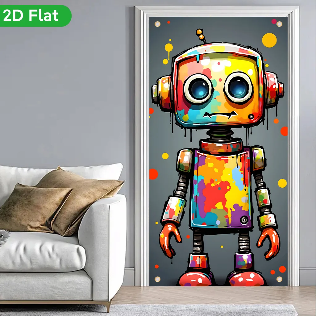 1 piece of 2D Flat Banner curtain, multicolored graffiti robot, printed curtain made of polyester materialDJH