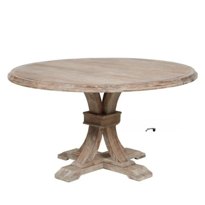 

Американский деревенский круглый обеденный стол из массива дерева в стиле ретро, европейский французский дизайн, состаренный белый цвет, модный цвет под старый бревенчатый материал.
