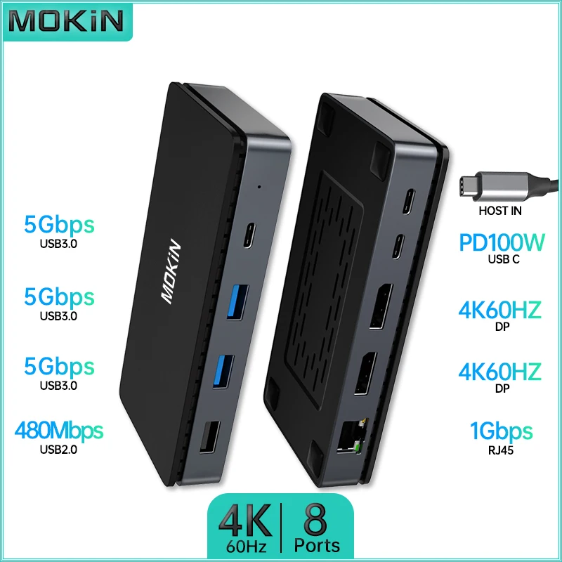 

MOKiN 8-in-1 USB C Docking Station 4K 60HZ -2 DP, 3 USB3.0 5Gbps, PD 100W, SD/TF for MacBook Pro/Air M1 M2 Laptop PC Thunderbolt