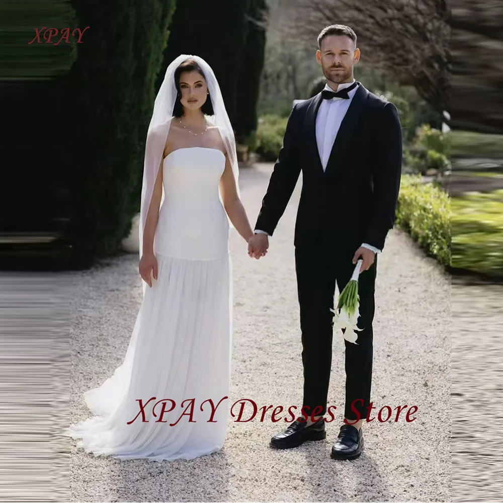 

XPAY Simple White Country Wedding Dresses Plus Size Strapless Tulle And Soft Satin Bridal Gowns Customized Free Veil Vestidos