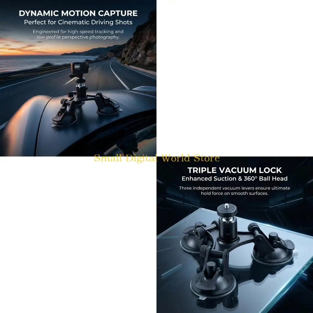 77UB Adjustable Camera Suction Mount with Adjustable Ball Head and Three-Cup Base for Ground-Level Camera View Placement