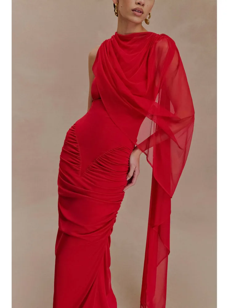 Articat Elegant Sleeveless Mesh Patchwork Bodycon Long Dress Women Double Layer Ruched Party Club Evening Dress Autumn New 2025