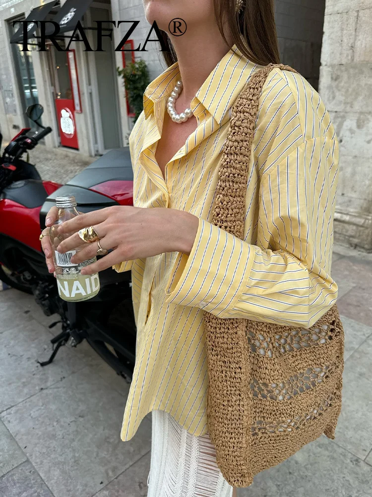 TRAFZA Blouse Women Summer New Fashion Yellow Lapel Striped Single Breasted Shirts Female Chic Casual Loose Simple Shirt TRAF