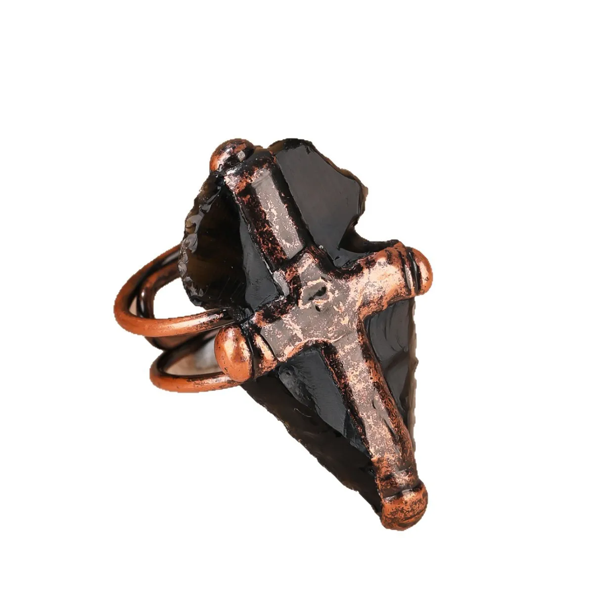 

YozyCraft Black Obsidian Arrows Punk Vintage Ring Handcrafted Rock Crystal Party Jewelry for Women