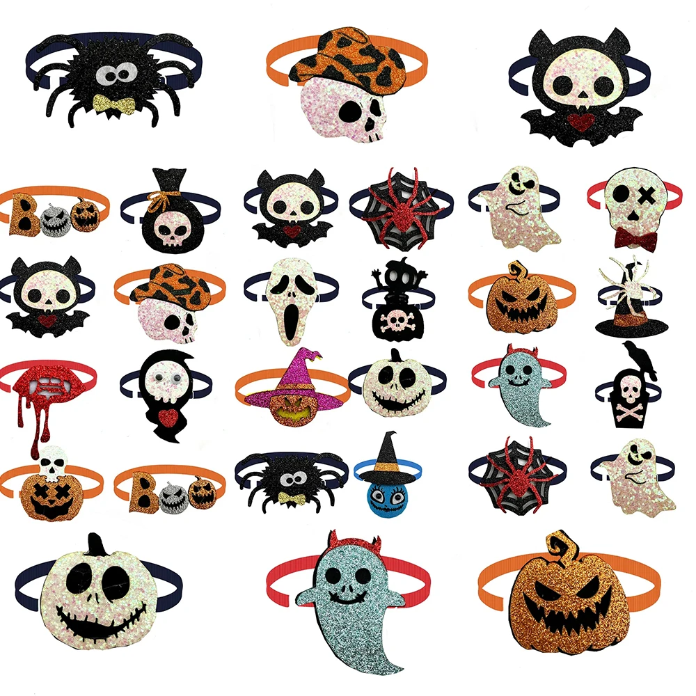 50pcs Halloween Mix Color Dog Bow Ties Puppy Pet Neckties Collar Skull Pumpkin Style Pet Grooming Accessories for Small Dogs