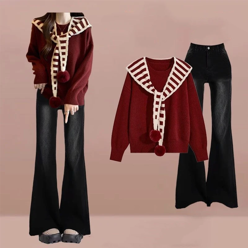 

2025 Autumn Winter Lucky Red Sweater with Shawl Denim Pants 1 or Two Piece Set Women Fashion Joker Knit Tops Jeans Outfits