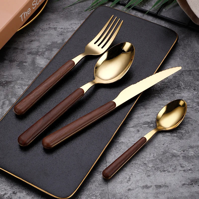 

Imitation Wood Handle 5PCS Japanese Tableware Set Stainless Steel Spoon Knife Dining Fork Chopsticks Luxury Cutlery for Kitchen