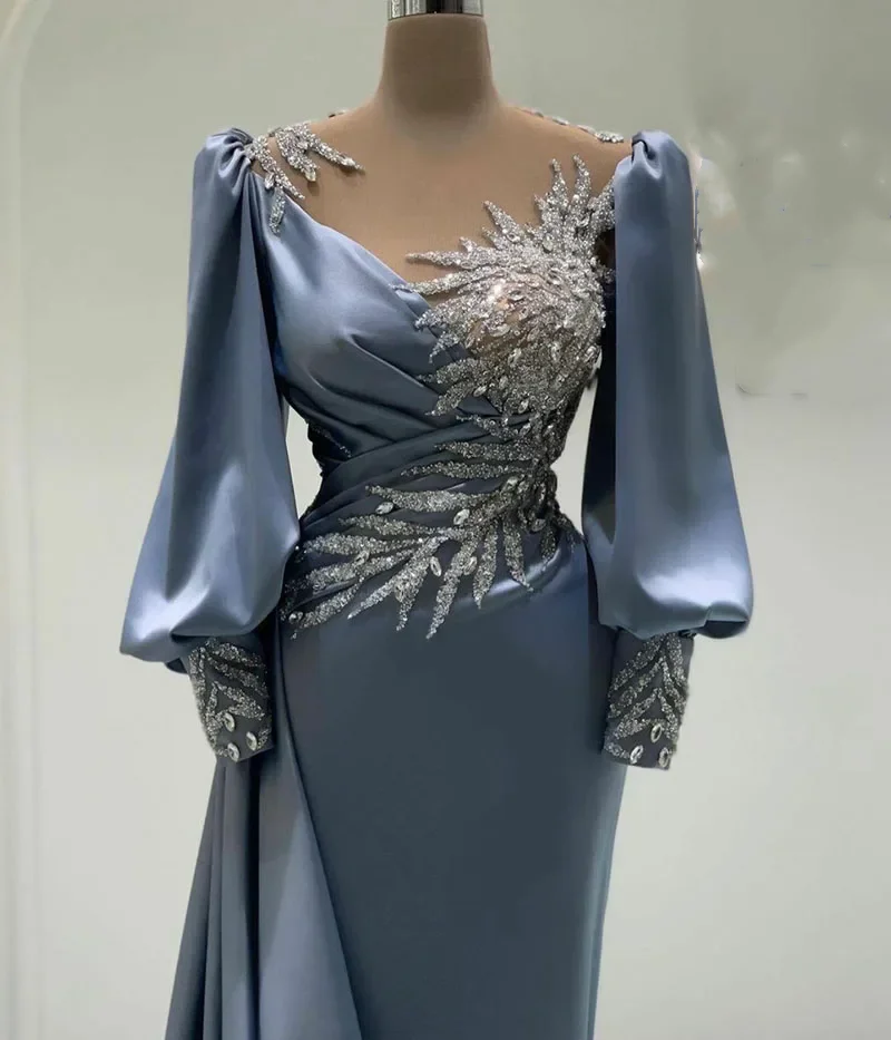 Blue sexy mermaid satin Long sleeve beaded decal long sleeve elegant ladies bag buttock evening gown Formal occasion party dance