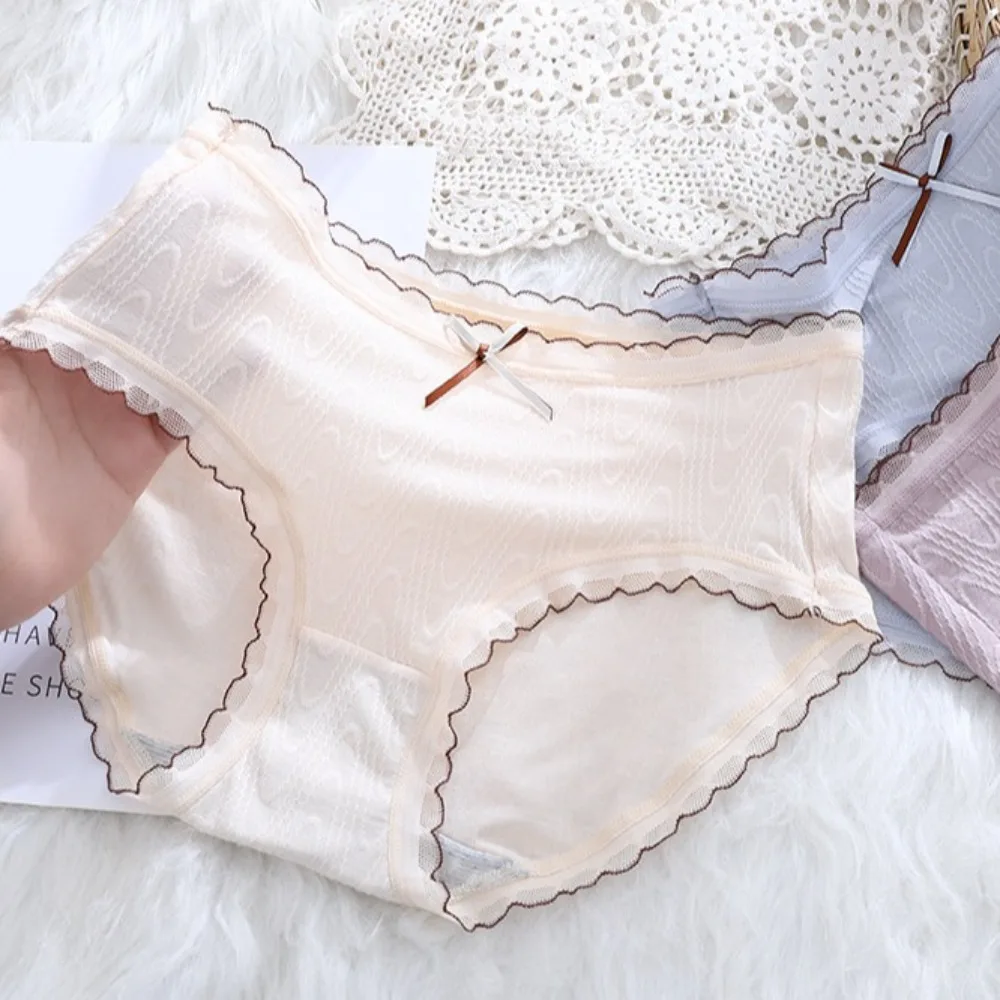 弾性ちょう結びレースプリントブリーフミッドウエスト綿股弓パンティー通気性下着女性下着毎日