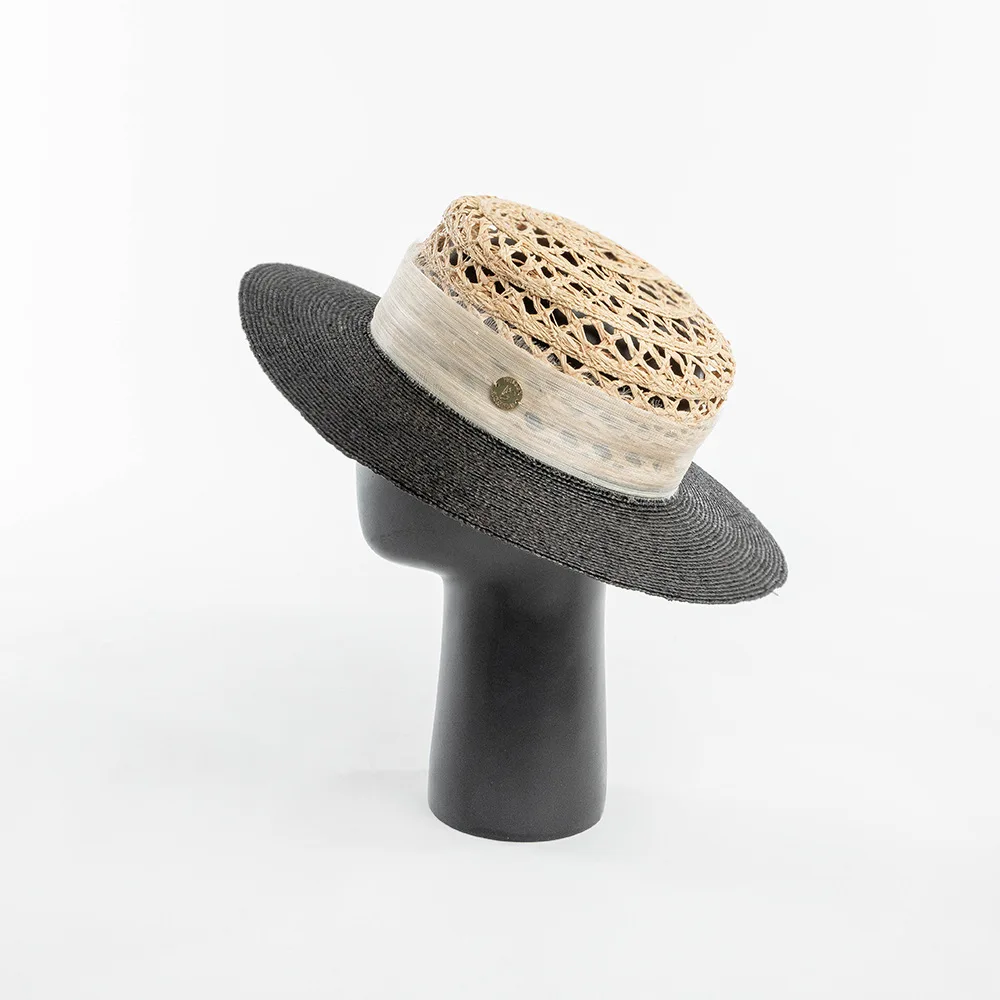 USPOP Summer Fashion Casual Hand-woven Hollow Top Raffia Sun Hat with Silk Linen Ribbon Flat Top Straw Hat Sunshade