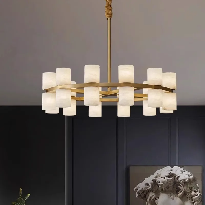 Modern light luxury all-copper chandelier natural marble living room headlight