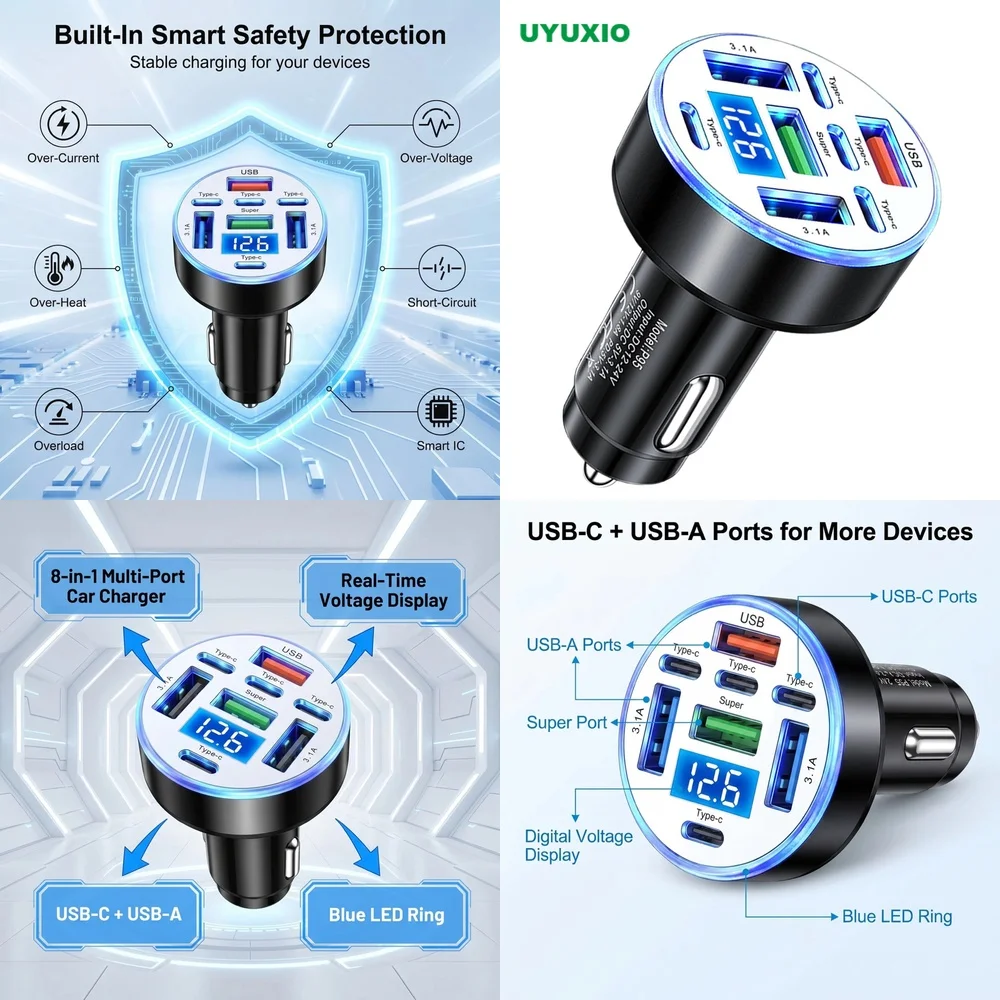 USB C Multi Port Car Charger for iPhone 17 Samsung S26 iPad with LED Digital Voltage Display for All Portable Equipment