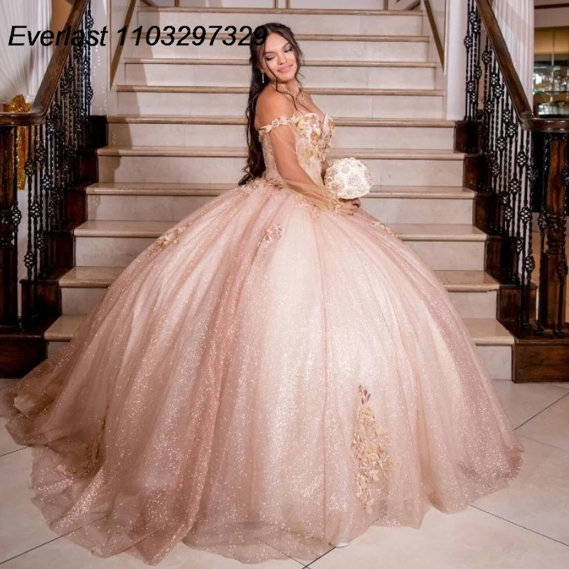 

EVLAST Mexican Glitter Blush Quinceanera Dress Ball Gown Floral Applique Beaded With Cape Sweet 16 Vestidos De XV 15 Anos TQD728