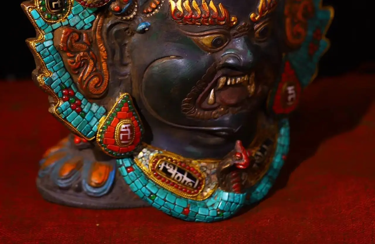 13”Temple Collection Old Bronze Cinnabar Mosaic Gem Turquoise Mahakala Buddha Head Mask hanging panel Worship Hall