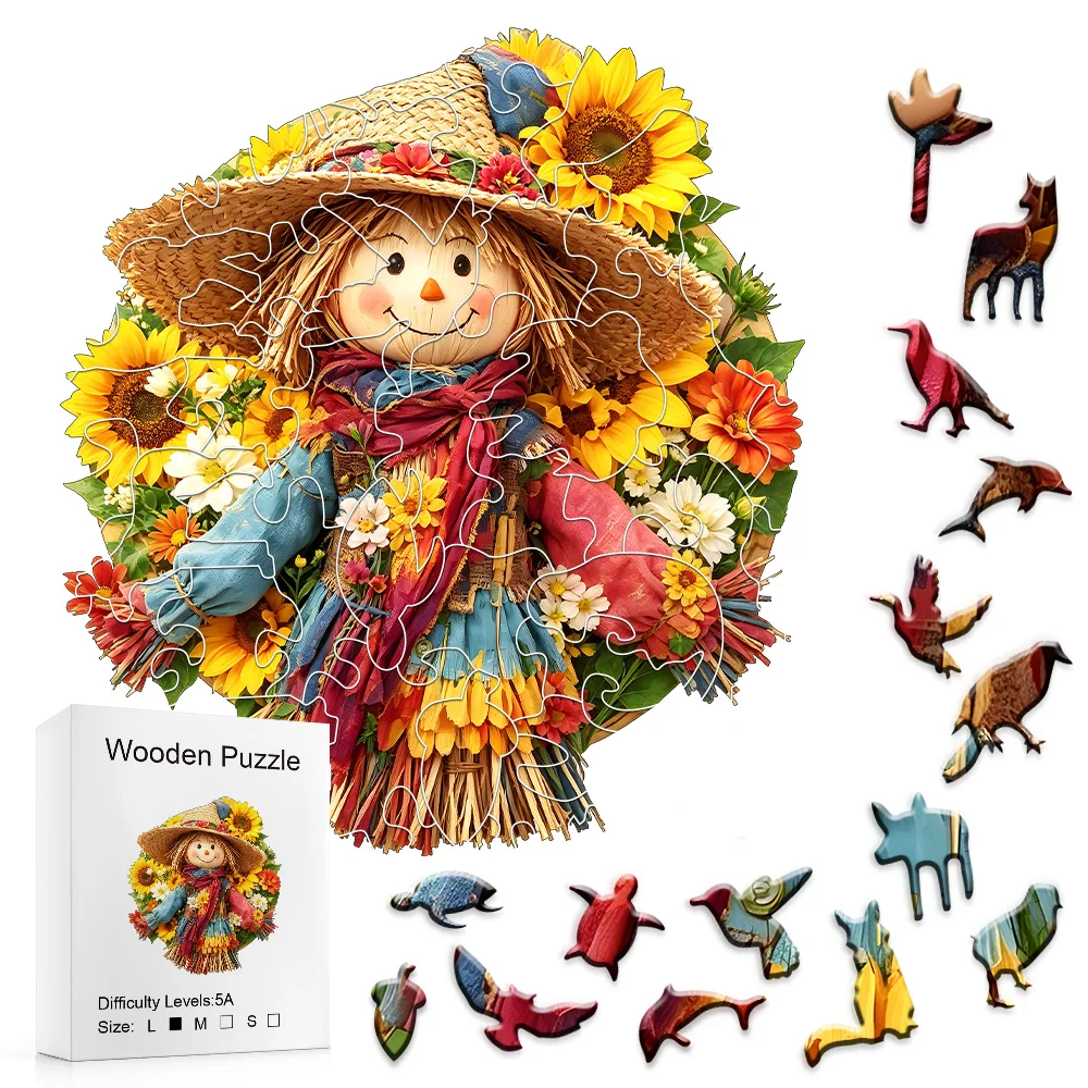 Circular Harvest Scarecrow Wood Puzzle, Country Floral Art, Laser Cut Pieces, Indoor Decor & Birthday Gift