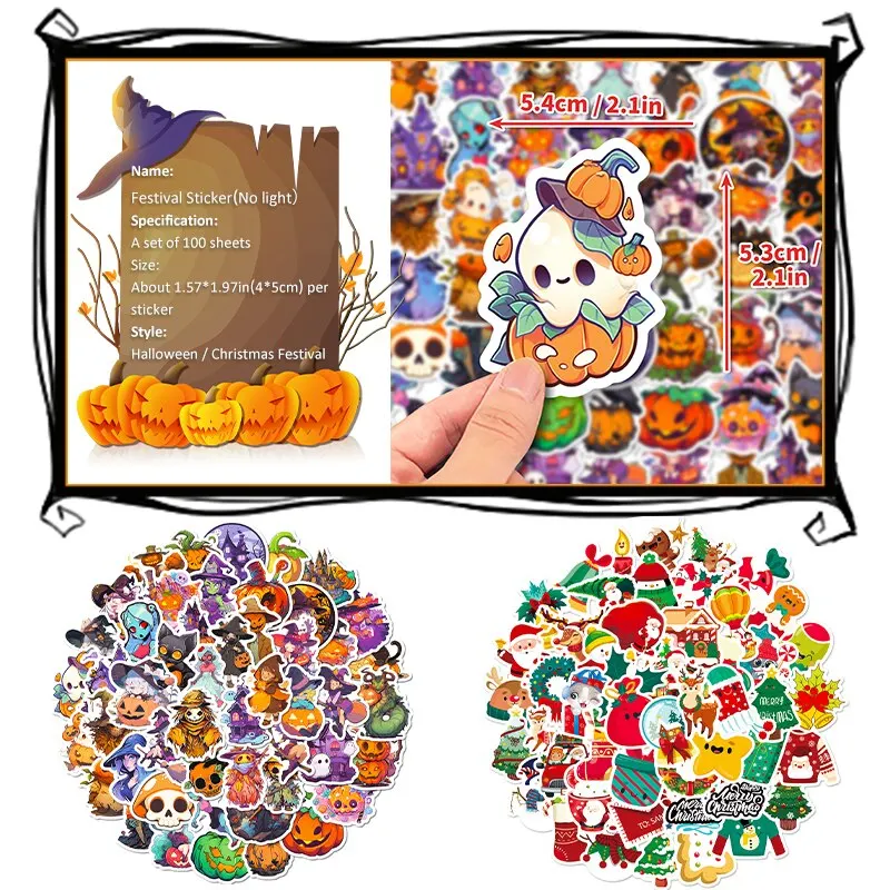 100 Stuks Halloween Kerst Creatieve Sticker Waterflessen Laptop Telefoons Bagage Feestelijke Luchtstijl Waterdicht Voor Volwassenen Tiener