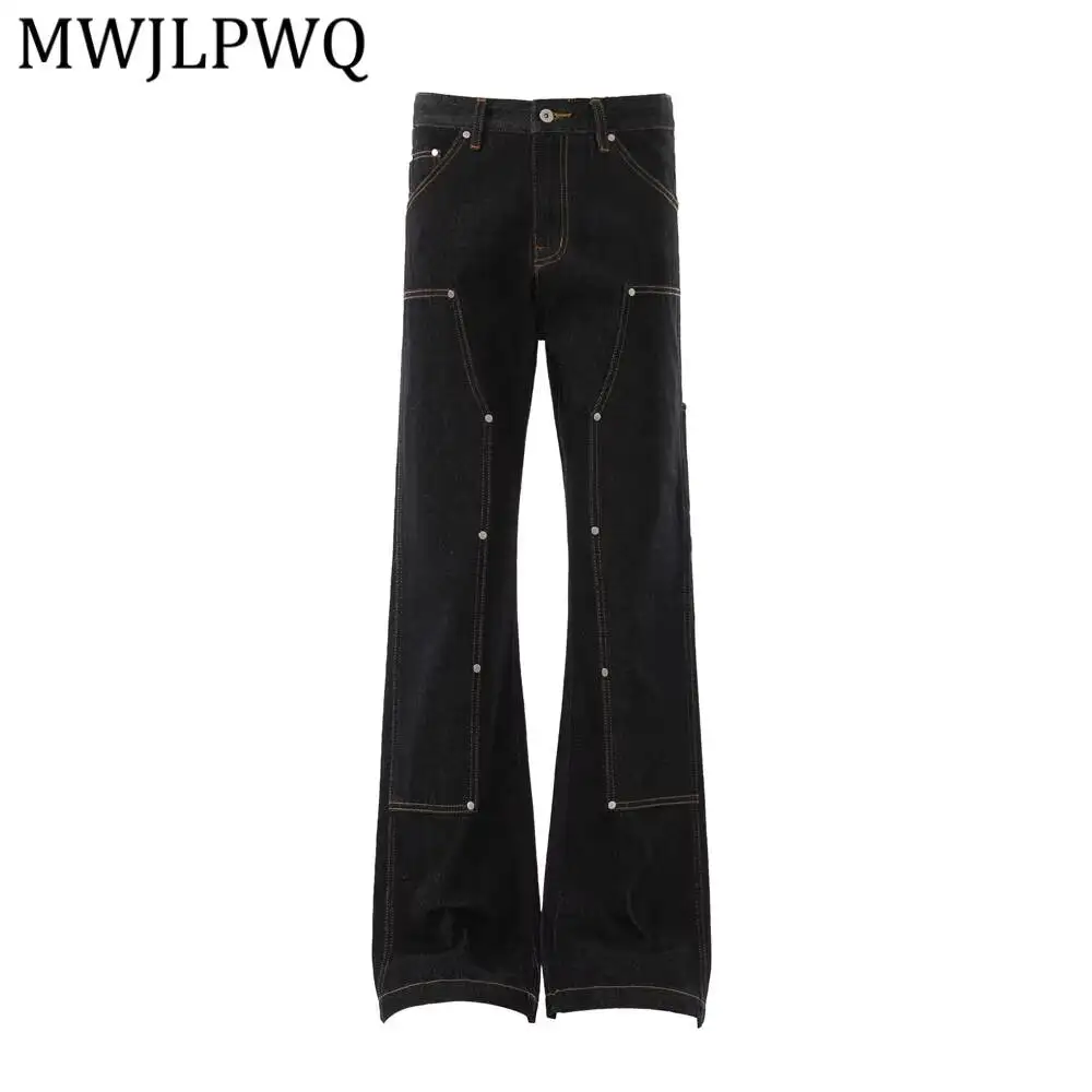 MWJLPWQ Cleanfit American-Style Flared Jeans For Men High Street Fashion Patchwork Contrast Stitching Design Wide-Leg Pant 17200