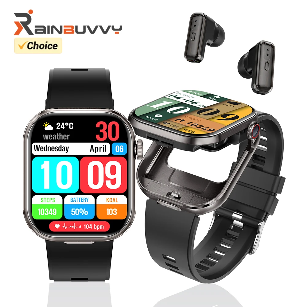 Montre connectée Rainbuvvy T99 TWS avec écouteurs intégrés, écran HD IPS de 2,02 pouces, montre connectée 3-en-1 avec appels Bluetooth sans fil