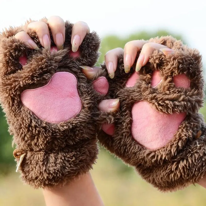 Guantes de garra de Pata de Gato de felpa de oso encantador para mujer, mitones sin dedos para mujer, regalos de Navidad y Halloween, moda de niña,