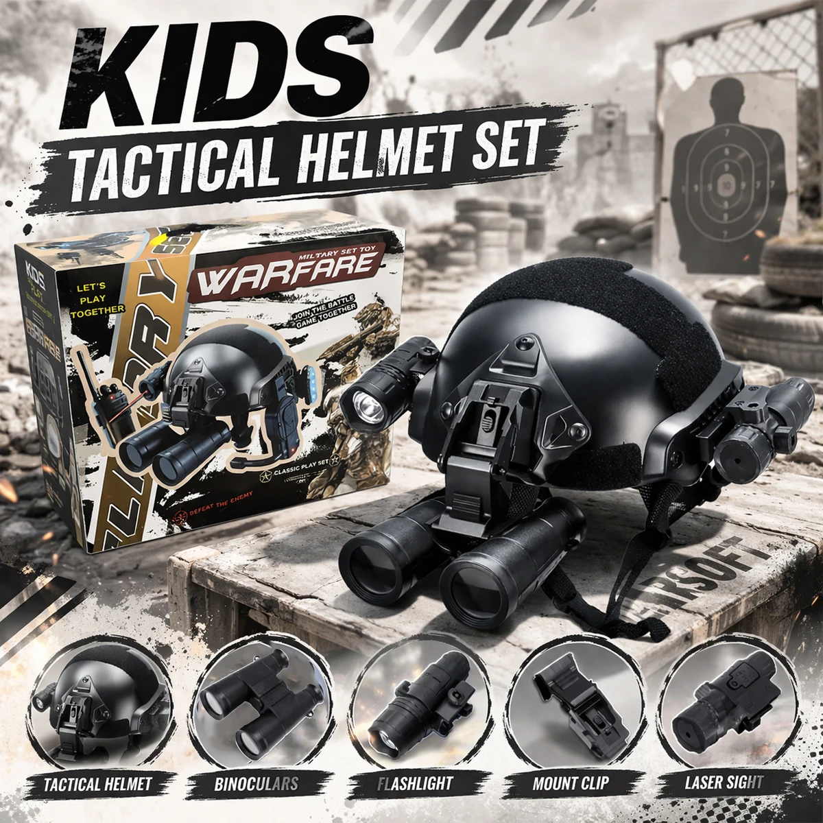 

Children's Tactical Helmet Set Paintball Fast Helmet with Flashlight Telescope Strobe Light Training Full Cosplay Costumes