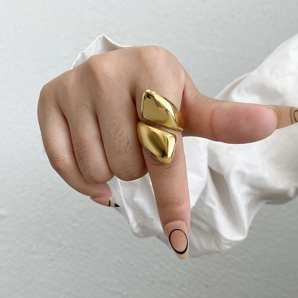 ALLYES Irregular Gold Plated Stainless Steel Rings for Women Glossy Chunky Heart Leaves Geometric Finger Ring Fashion Jewelry