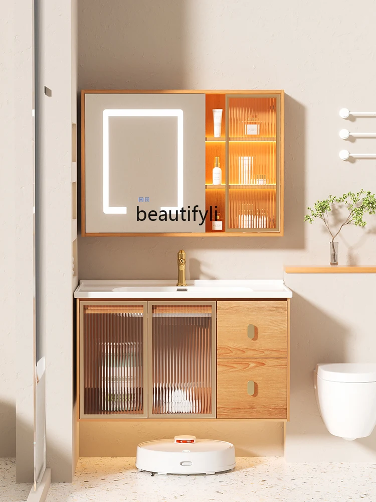 Nordic Rubber Wood Mirror Cabinet Washstand Bathroom Cabinet Combination Ceramic Whole Washbin Hand Washing Washbasin