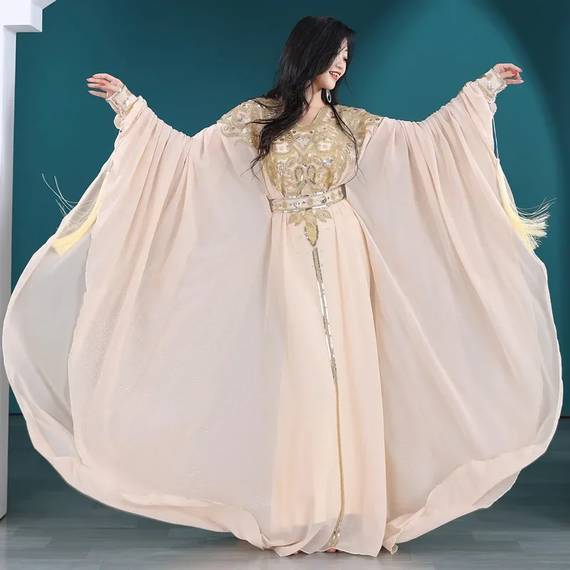 Chiffon Embroidery Gown Belly Dance Persian Gulf Hair Throwing Khaleegy Robe Competition Costume Beledi Saidi Long Big Dress