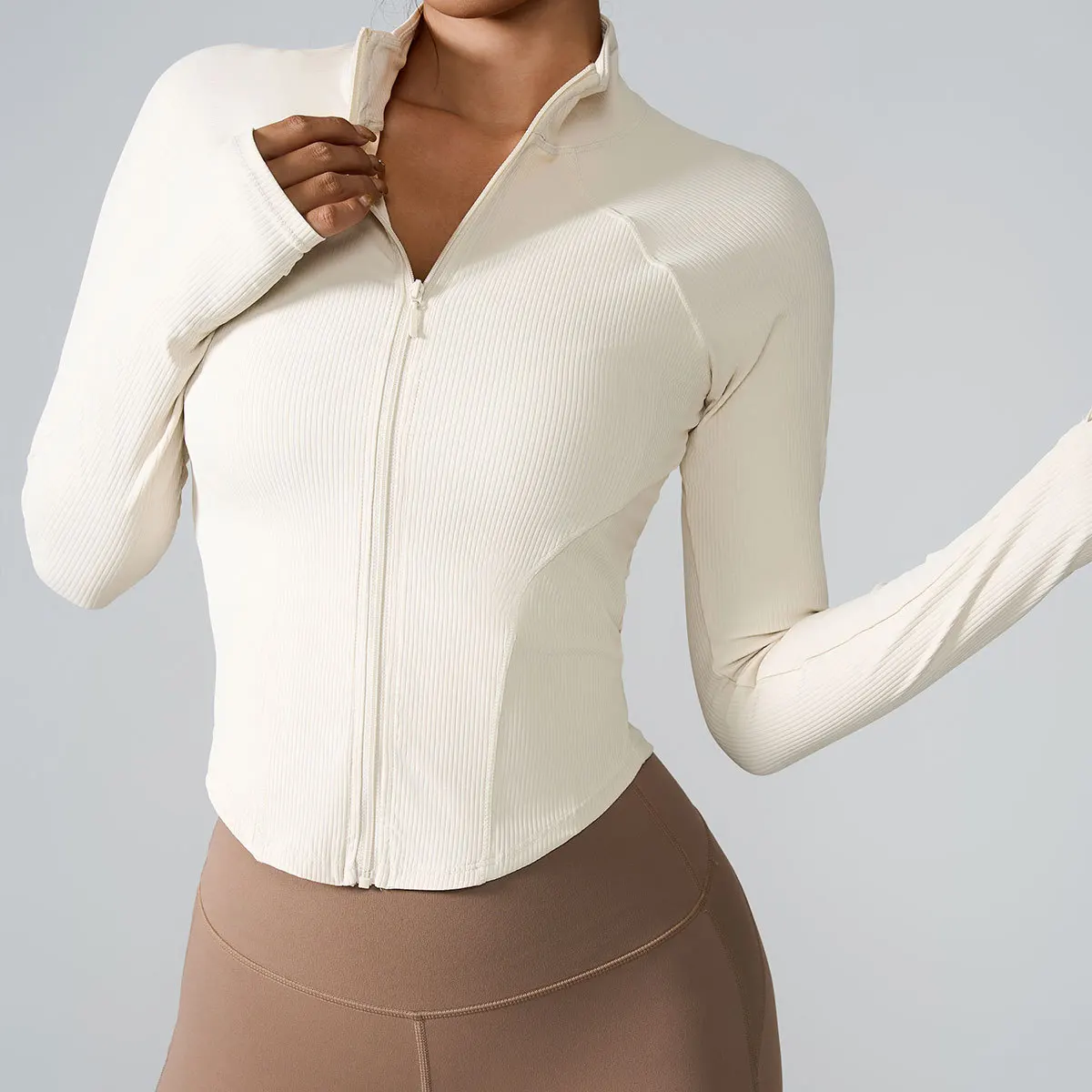 Women's Ribbed Zip - Up Yoga Jacket, High Neck Long Sleeve Slim Fit Gym Top, Stretch Quick Dry Running Fitness Sportswear